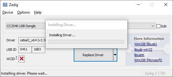 Zadig Start Installing Driver