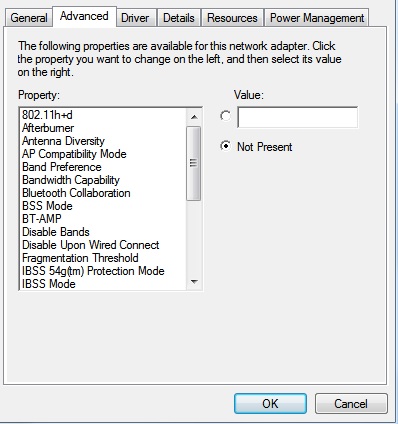 Wi-Fi adapter advanced parameters