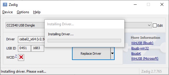 Zadig WinUSB driver installing