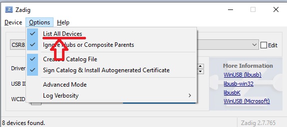 Zadig List All Devices